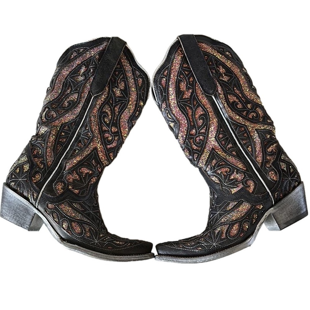Nwob J.B. Dillon Western Distressed Black Leather Cowboy Boots Glitter Wedding